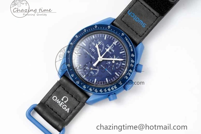 0206 ZipUp Speedmaster Misson To Neptune 1:1 Best Edition Blue Dial On Nylon Strap Quartz 7854